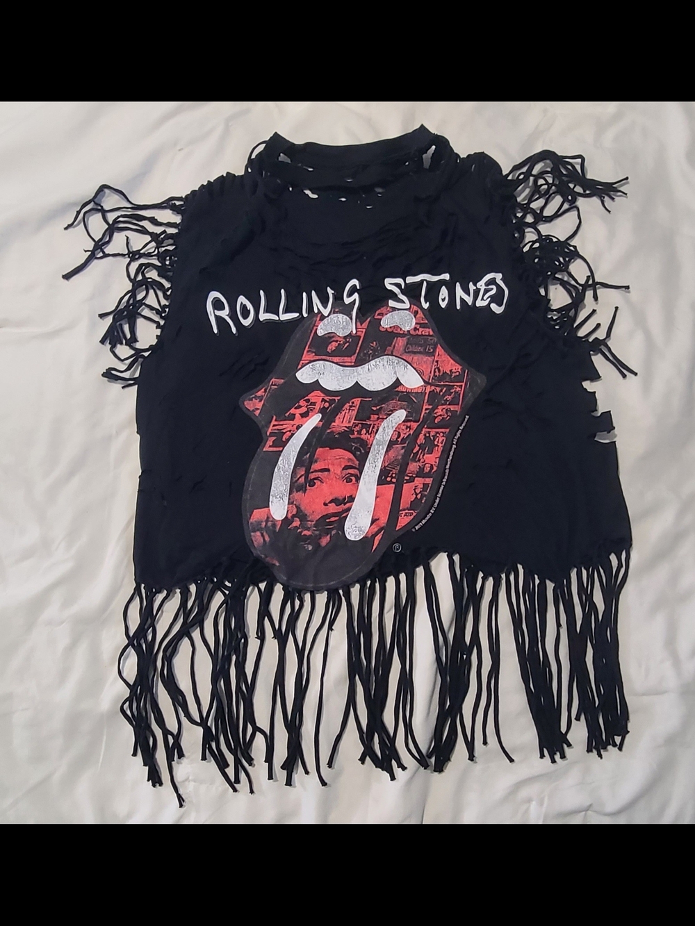 the Rolling Stones Black Fringe Tank with Red Tongue Graphic